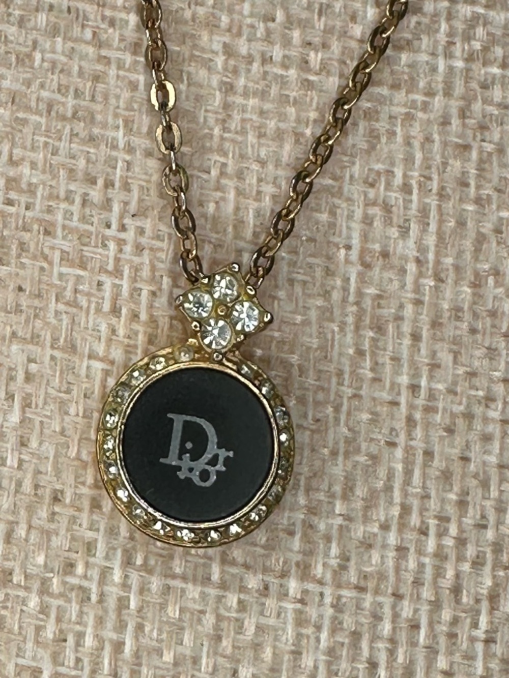 Christian Dior CD Logo Necklace Black Enamel Crystal Halo Gold Plated Vintage - Picture 5 of 11